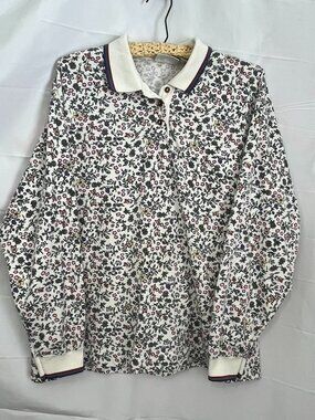 Vintage Levi's Travelers Cotton Long Sleeve Polo Shirt White Floral Large retro